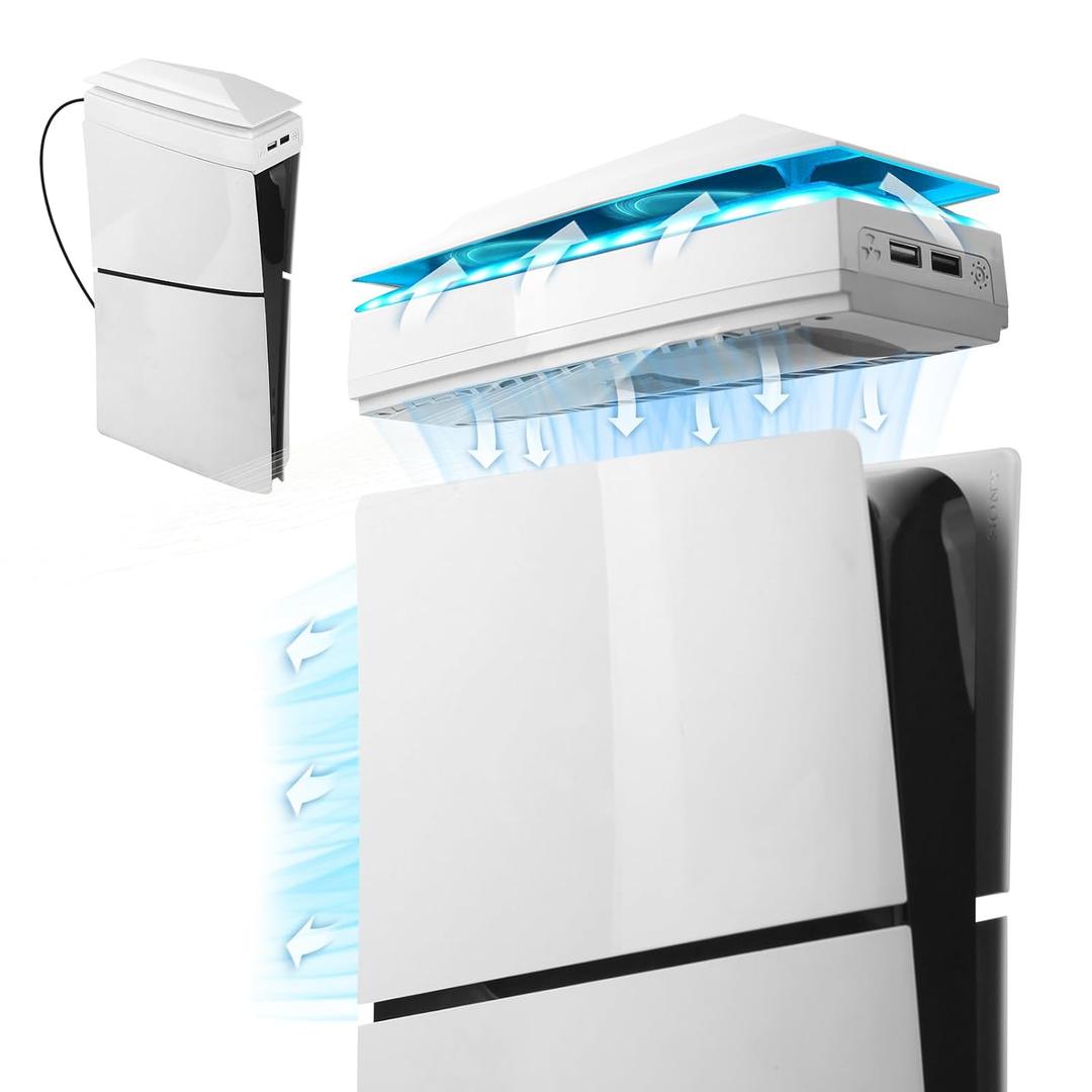 Raryars Console Cooling Fan for PS5 Slim with Dust Cover Colorful LED Light for PS5 Slim Console Disc Edition & Digital Edition Silent Absorb Fan Cooler with 2 USB Port Playstation 5 Slim Cooling System