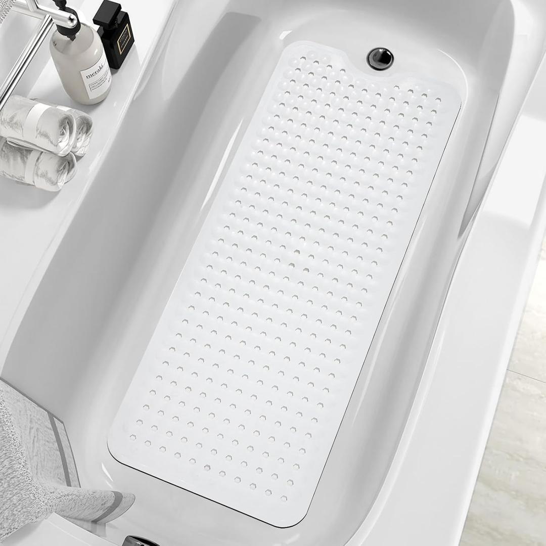 MOONFLY Shower and Bathtub Mat,40x16 Inches,Extra Long Non Slip Mats with Suction Cups and Drain Holes, Machine Washable and Anti Slip Bathmats, Bathroom Mats for Tub Nonslip (White)
