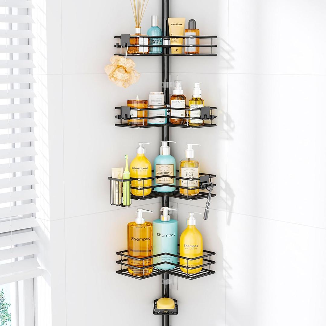 HapiRm Corner Shower Caddy Organizer - Shower Organizer Corner with Soap Holder, Toothbrush Holder and 4 Hooks, Rustproof Bathroom Shelf Tension Pole or 27.6 to 108.3 Inch - Black