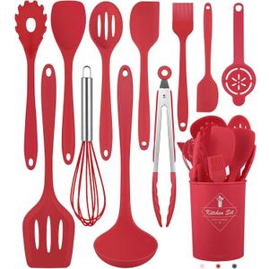 Pranski Kitchen Utensils Set-12 Pieces Silicone Cooking Utensils Set (Dishwasher Safe) 392F Heat Resistant Spatula Set, Nonstick Cookware (Red)