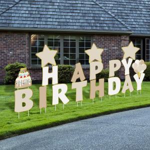 Jetec 18 Pieces Happy Birthday Yard Signs with Stakes, 16 Inches Birthday Outdoor Lawn Signs, Cake Balloon Patio Decorations, Garden Lawn Decorations for Party Outdoor Decor(Beige)