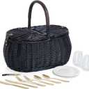 PICNIC TIME Evening Picnic Basket with Service for Two, Handwoven Sustainable Black Wicker Basket with Split-lid Design and Vegan Leather Details, Components Tucked In Lid for Bigger Space (Black)