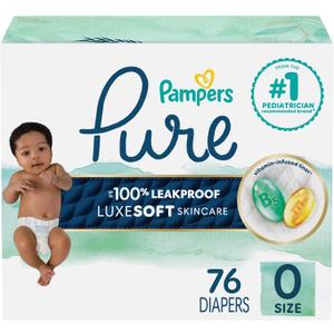 Pampers Pure Baby Diapers, Size 0 (>10 lbs), 76, Up to 100% Leakproof, Premium Hypoallergenic Soft Diapers