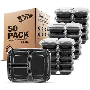 Freshware Meal Prep Containers [50 Pack] 3 Compartment Food Storage Containers with Lids, Bento Box, BPA Free, Stackable, Microwave/Dishwasher/Freezer Safe (24 oz)