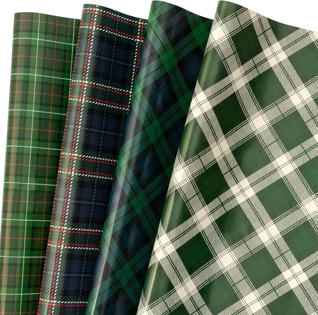 LeZakaa Christmas Green Wrapping Paper, 12 Folded Sheet with 4 Different Tartan Plaid Design for New Year Celebrations Holiday Gift Wrapping, 27.5 x 19.6 inches Per Sheet