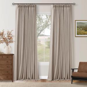 108 Inch Pinch Pleat Drapes Greyish Beige Room Darkening Curtains 108 Inches Long for Bedroom Neutral Farmhouse 100% Blackout Thick Linen Double Layer Pleated Curtain 2 Panels Set Burlywood Birch, 40"W x 108"L