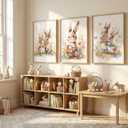 3pcs Easter Bunny Wall Art Cute Watercolor Bunny Botanical Flowers Posters Prints Children'S Room Girl Canvas Wall Decor Pictures for Baby Boys And Girls Living Room Bedroom Home Decoration Unframed (16L x 12W - Posters)