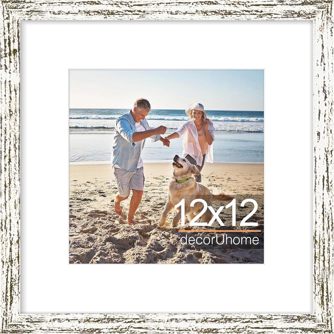 decorUhome 12x12 Picture Frame, Display Pictures 8x8 with Mat or 12x12 without Mat, Wall Mounting Photo Frame, Distressed White, 1 Pack