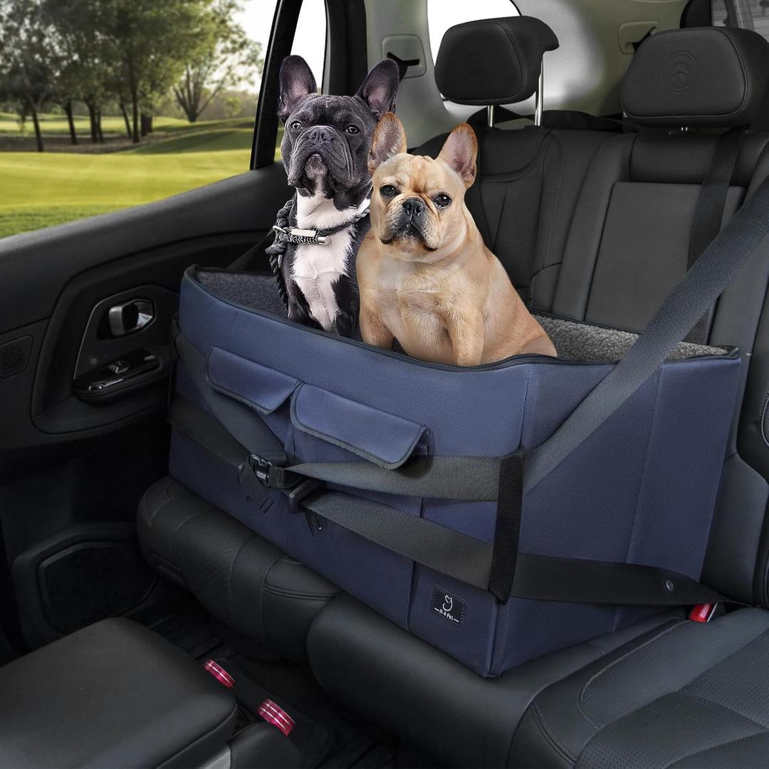 A 4 Pet Dog Car Seat for Medium/Large Dog or 2 Small Dogs, Booster Travel Pet Seat with 2 Safety Seat Belts & Storage Bags, Portable Comfortable Pet Seat for Dogs Under 55 lbs