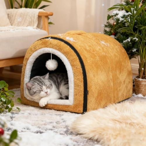 Heated Cat Bed Indoor, 2 in 1 Heated Cat Cave Bed with Temp Adjustable and Timer, Foldable cat cave, Anti-Slip & Water-Resistant Bottom, Warming Cat Bed Thermo-Pet Nest for Indoor Cats (Yellow)
