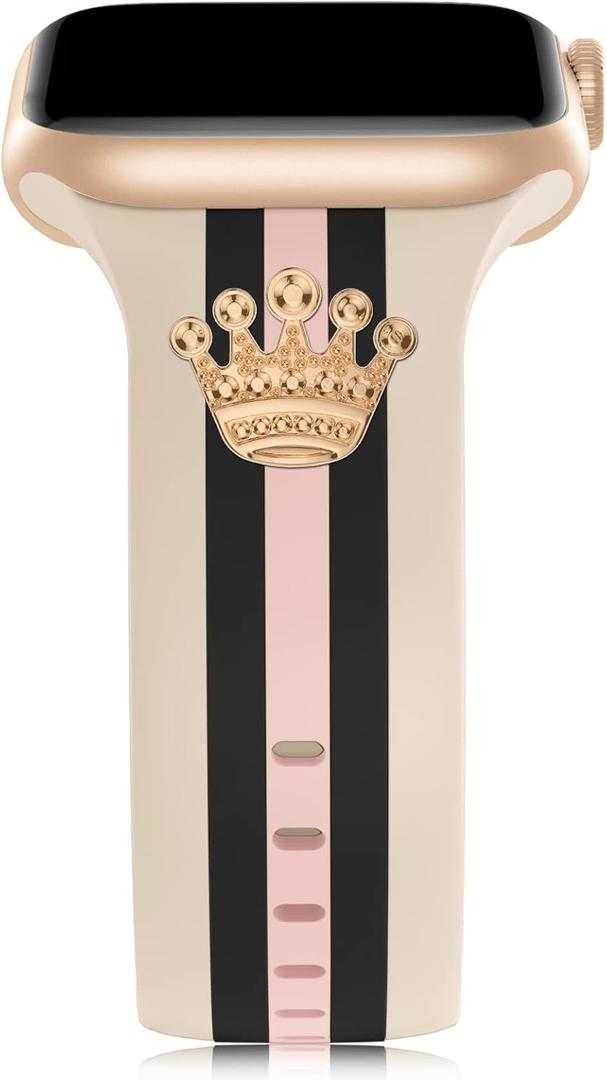 Designer Band with Charms Decor Compatible with Apple Watch Band 38mm 40mm 41mm 42mm 44mm 45mm 46mm 49mm Women Men, Stylish Silicone Sport Wristbands for iWatch Series 11 10 9 8 7 6 5 4 3 2 1 SE/3 Ultra 2/3 (walnut/Black/Pink with Crown)