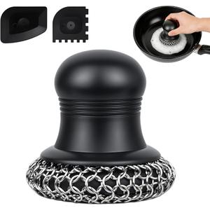 316 Upgraded Cast Iron Scrubber with Pan Scraper,Cast Iron Cleaner for Grill Pan Skillet Wok Carbon Steel,Ergonomic to Hold Easy to Use Dishwasher Safe ((Large Chain Mail))