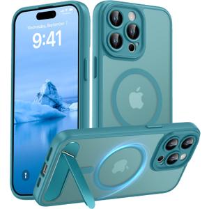 Magnetic Compatible with iPhone 15 Pro Max Case, [Built-in Kickstand][Full Camera Protection][Compatible with MagSafe][Anti-Fingerprint] Shockproof Phone Case for iPhone 15 Pro Max 6.7",Lake Blue