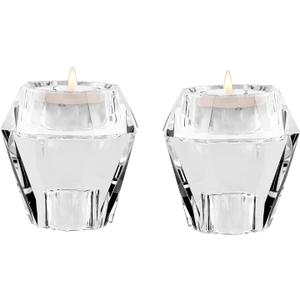 Crystal Candle Holders Pack of 2, Reversible Clear Tealight or Taper Candlesticks, Table Centerpiece Home Decor for Wedding, Dining, Party, Luxury Gift Set (Transparent)