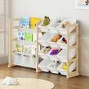 Toy Storage Organizer -Toy Storage Organizer with Bookshelf, 12 Storage Bins 4-Tier Bookshelf to Organize Toys and Books for Kids Room,Playroom, Kids Toy Storage, Burly Wood