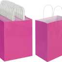 Oikss 100 Pack 8x4.75x10 Inch Medium Hot Pink Kraft Paper Bags with Handles Bulk for Birthday Wedding Party Favors Grocery Retail Shopping Business Goody Craft Gift Bags Sacks (Fuchsia 100pcs Count)