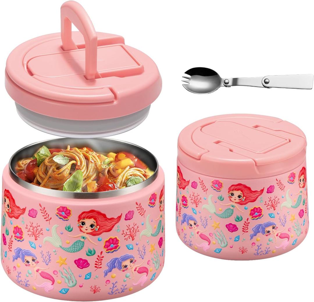 14oz Insulated Vacuum Food Jar with Buckle Lid,Soup Thermo for Hot Food Kids,Wide Mouth Leakproof Stainless Steel Lunch Container with Spoon-Mermaid