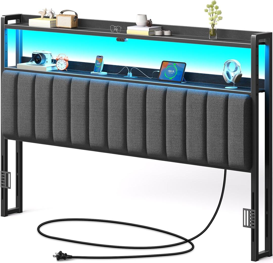 Rolanstar Headboard for King Size Bed with Storage, 60,000 DIY Color of LED Light, Head Board with USB & Type C Port, Height Adjustable, Black Upholstered Cabeceras de Cama Comfortable Modern, Linen