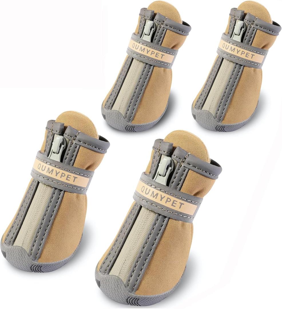 QUMY Dog Shoes for Small Dog, Puppy Dog Boots & Paw Protectors for Winter, Summer Hot Pavement, Waterproof in Rainy Weather, Ourdoor Walking, Indoor Hardfloors Skid-Resistant Soles Khaki Size 3