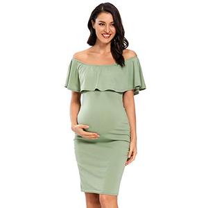 Jezero Women's Maternity Dress Off Shoulder Ruffle Sleeveless Bodycon Dress for Baby Shower Light Green (XL)