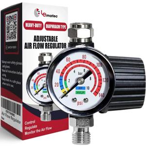 LE LEMATEC Air Compressor Regulator Valve with Pressure Gauge, for Precise Control in Air/Pneumatic Tool Applications, Spray Painting, Tire Inflation and More,  NPT, 0-150 PSI (AR-01)