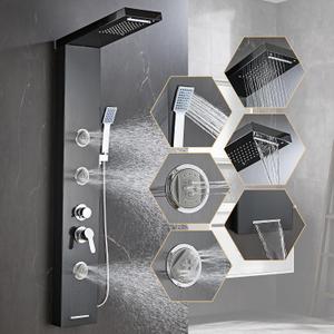 6 in1 Multi-Function Shower Panel Tower System-Brushed Black | 304 stainless steel Shower Panel Column Tower with Powerful Body Massage, Rainfall, Waterfall,Handheld and Tub Spout