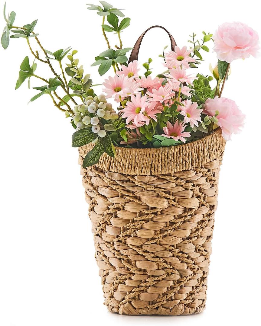 Handwoven Front Door Basket Water Hyacinth Wall Hanging Basket Decorative Boho Mounted Organizer for Dried Flower Plants Storage Basket for Garden, Home, and Farmhouse Dcor