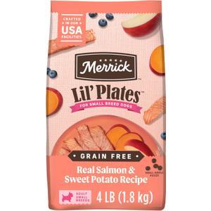 Merrick Lil Plates Premium Grain Free Dry Dog Food for Small Dogs, Real Salmon and Sweet Potato Kibble - 4.0 lb. Bag (4 Pound (Pack of 1))