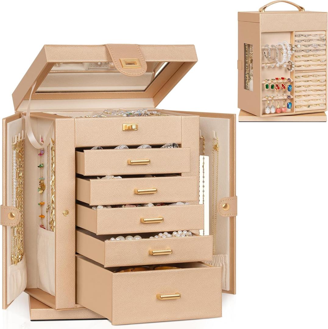 AKOZLIN Jewelry Box 6-Tier Organizer Functional 360 Rotating Jewelry Storage Case for Women Girls Ring Necklace Earring Bracelet Holder with Mirror (Champagne)