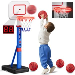 HYES Toddler Basketball Hoop with Scoreboard/LED Basketball Rim/4 Balls, 55" Height Adjustable Basketball Hoop for Kids 3-5, Indoor Outdoor Sport Toys Birthday Gifts for Baby Boys Girls