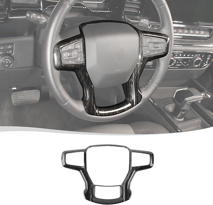 Voodonala for Chevy Silverado Steering Wheel Panel Cover Interior Steering Wheel Accessories Compatible with Chevy Silverado 2019+ Surburban 2020+ Tahoe 2021+ (1Pc, ABS, Black Wood)