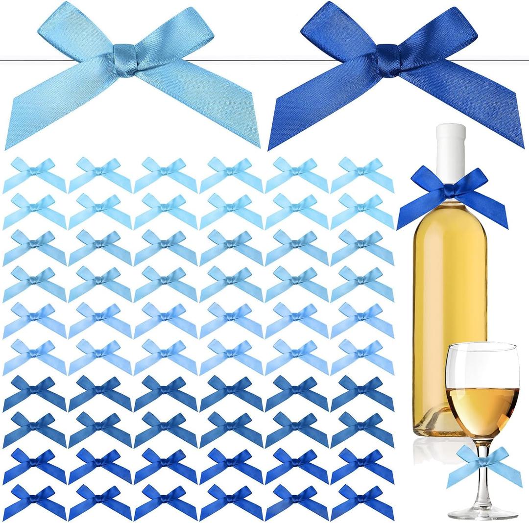 100 Pieces 2.6" Blue Series Bows Mini Satin Ribbon Twist Tie Bows Crafts for Wedding Graduation Birthday Party Shower Gift Wrapping Candy Treat Bags Decoration