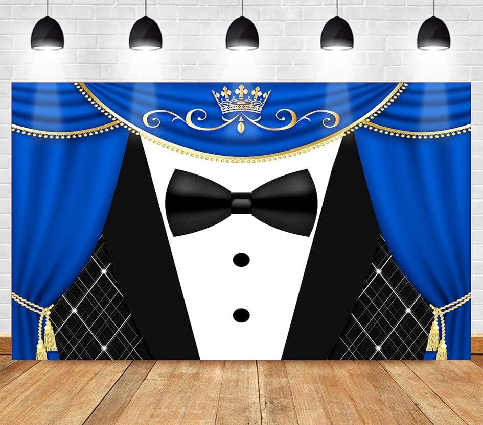 Black Tuxedo Backdrop Crown Gentleman Photo Background for Father's Day Decorations MEETSIOY Blue Curtain Studio Prop Banner 9x6ft 
