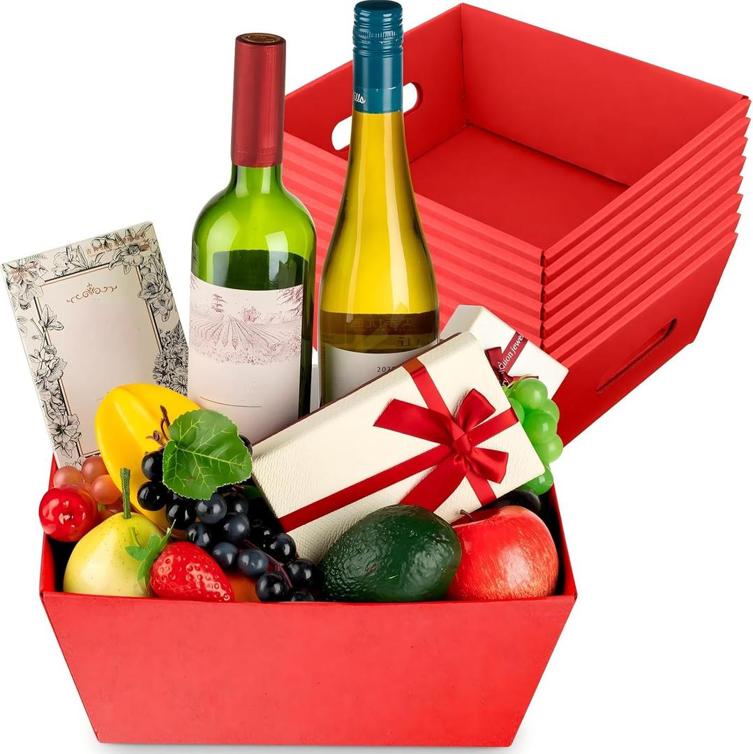 8 Pcs Gift Baskets Empty 12x10" Large Christmas Cardboard Gift Baskets Empty to Fill Big Kraft with Handles for Snack Fruit Wine Christmas Wedding Holiday (Red)