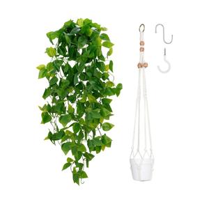 BLEUM CADE 1pcs Fake Hanging Plants Kit with Pot and Plant Hanger, Artificial Pothos Vines Hanging Potted Plant Greenery for Home Living Room Indoor Outdoor Decor