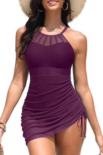 Women's Swim Dress One Piece - Swimsuit with Skirt Tummy Control Bathing Suit High Neck Mesh Swimwear 2025, Medium