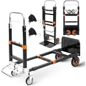 Upgraded 3 in 1 Folding Hand Truck, 500lbs Capacity Heavy Duty Convertible Dolly cart with Rubber Wheels, Collapsible Hand Truck Foldable with Telescopic Handle, Trolley for Moving, Office, Warehouse (Orange)