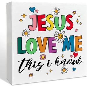 Jesus Loves Me This I Know Christian Baby Girl Boy Nursery Room Wood Box Decor Sign, Neon Smiley Christian Toddler Room Decorations for Baby Boys Girls