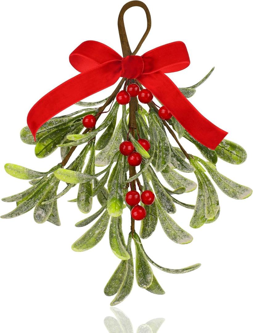 Mistletoe Christmas Decor, Artificial Hanging Mistletoe Picks with Velvet Bow Berries,Like Real Christmas Kissing Ball Ornaments for Kitchen Doorway Decorations