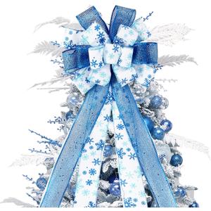Christmas Tree Topper Bow, 44X12 Inch Artificial Xmas Tree Flower Topper Decor, for Family, Wedding, Birthday Party, Indoor Outdoor Thanksgiving Christmas Decoration - Blue/White/Snowflake.