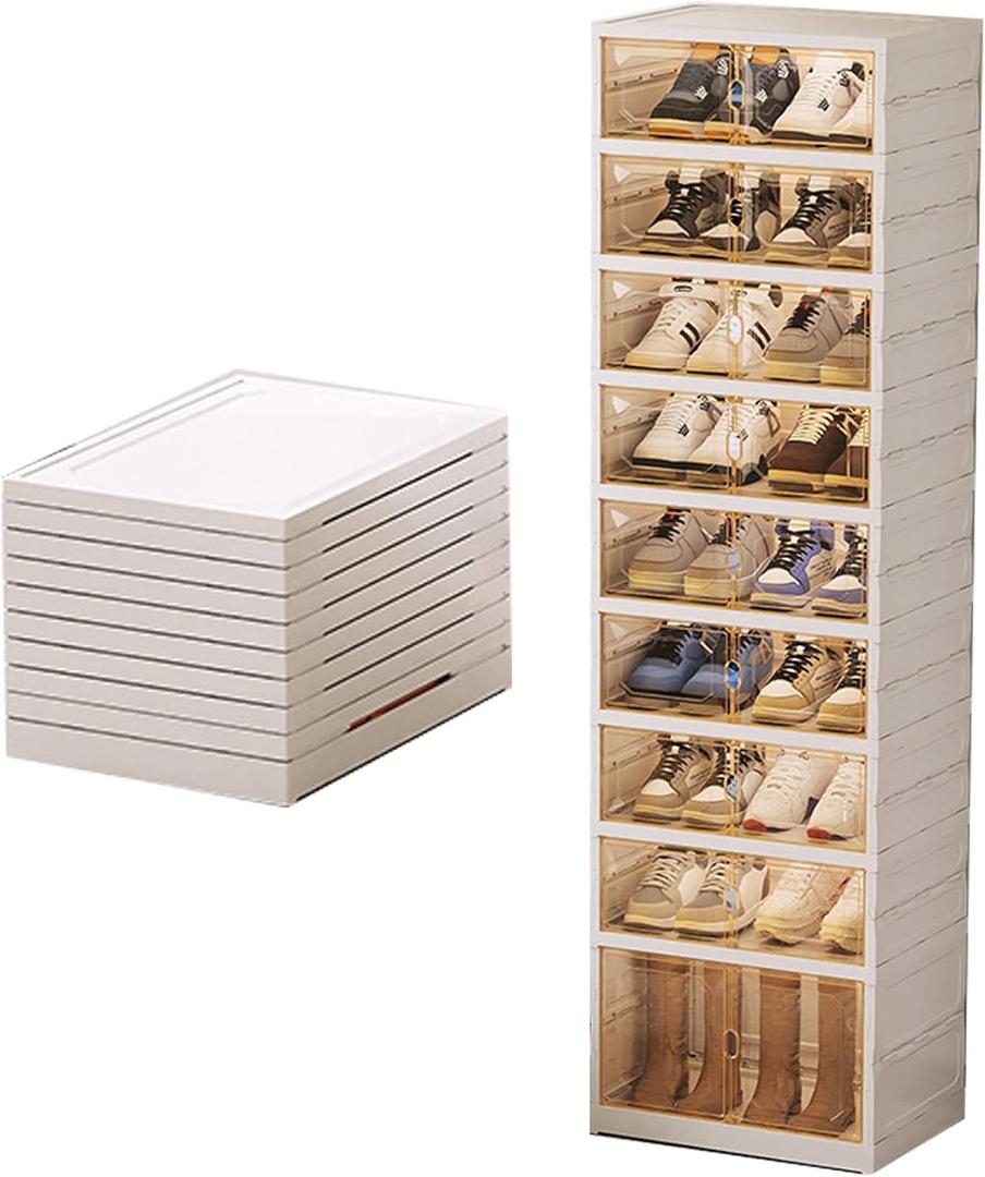 ROOM127 Foldable Shoe Cabinet Shelf with Pulleys,Portable Shoe Rack Organizer for Closet Entryway,Stackable Cabinet with Magnetic Transparent Door,Plastic Storage Cabinet-(9 Layers)