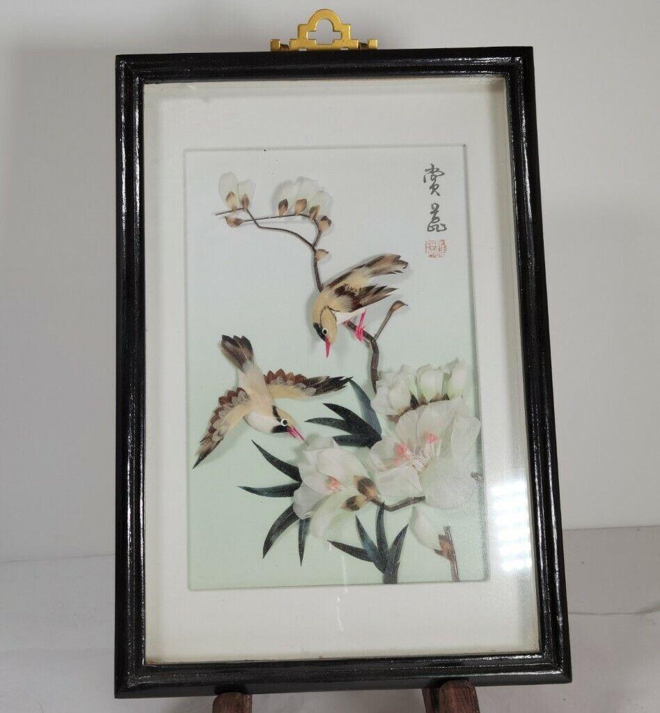 Vintage Asian Shadow Box Art 3D Framed Wall Bird Flowers 10x7"