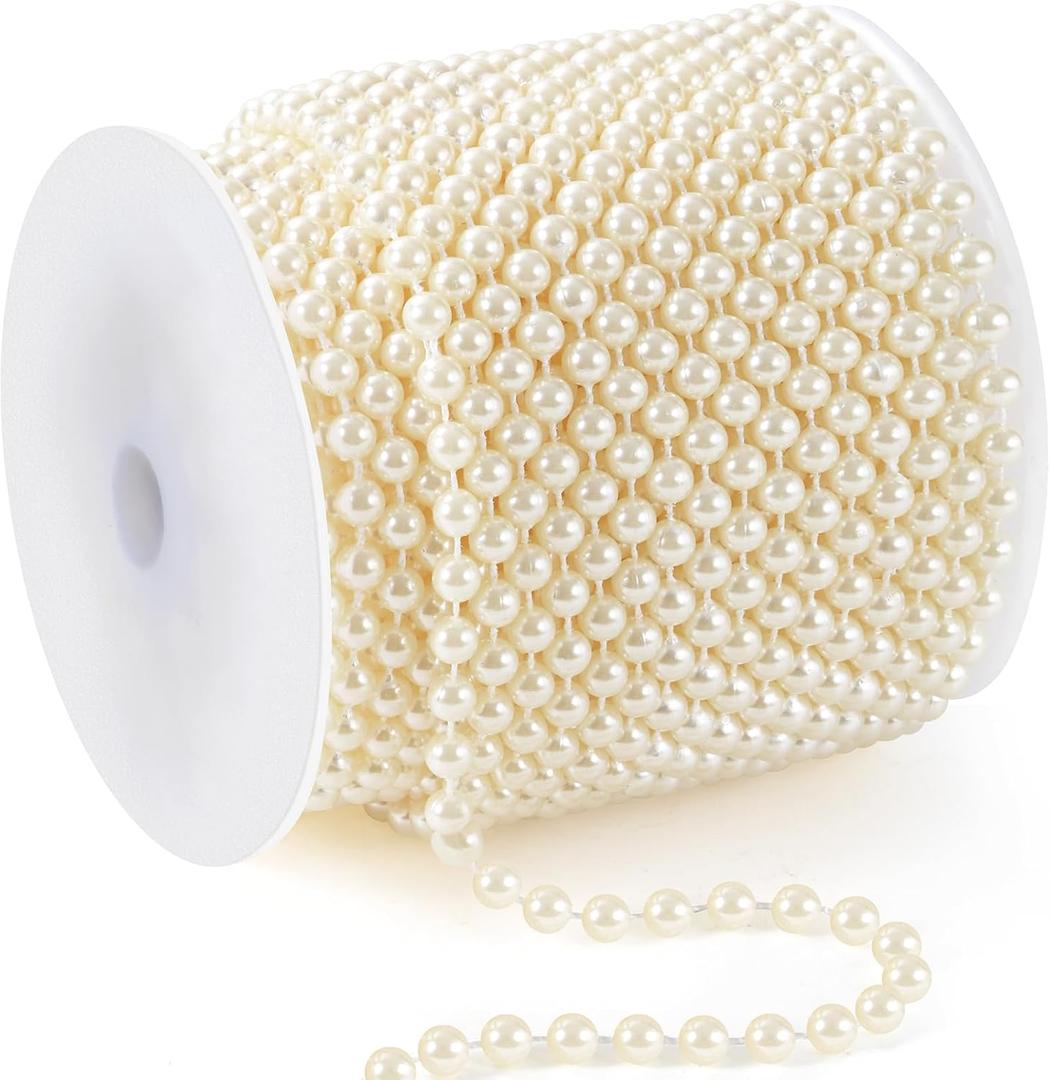 82 Feet Faux Pearl Garland, 6mm Pearl String Roll Strands, Extended String of Pearls Garland for Christmas Tree Wedding Party Decoration Centerpieces Flowers DIY Crafts (Ivory)