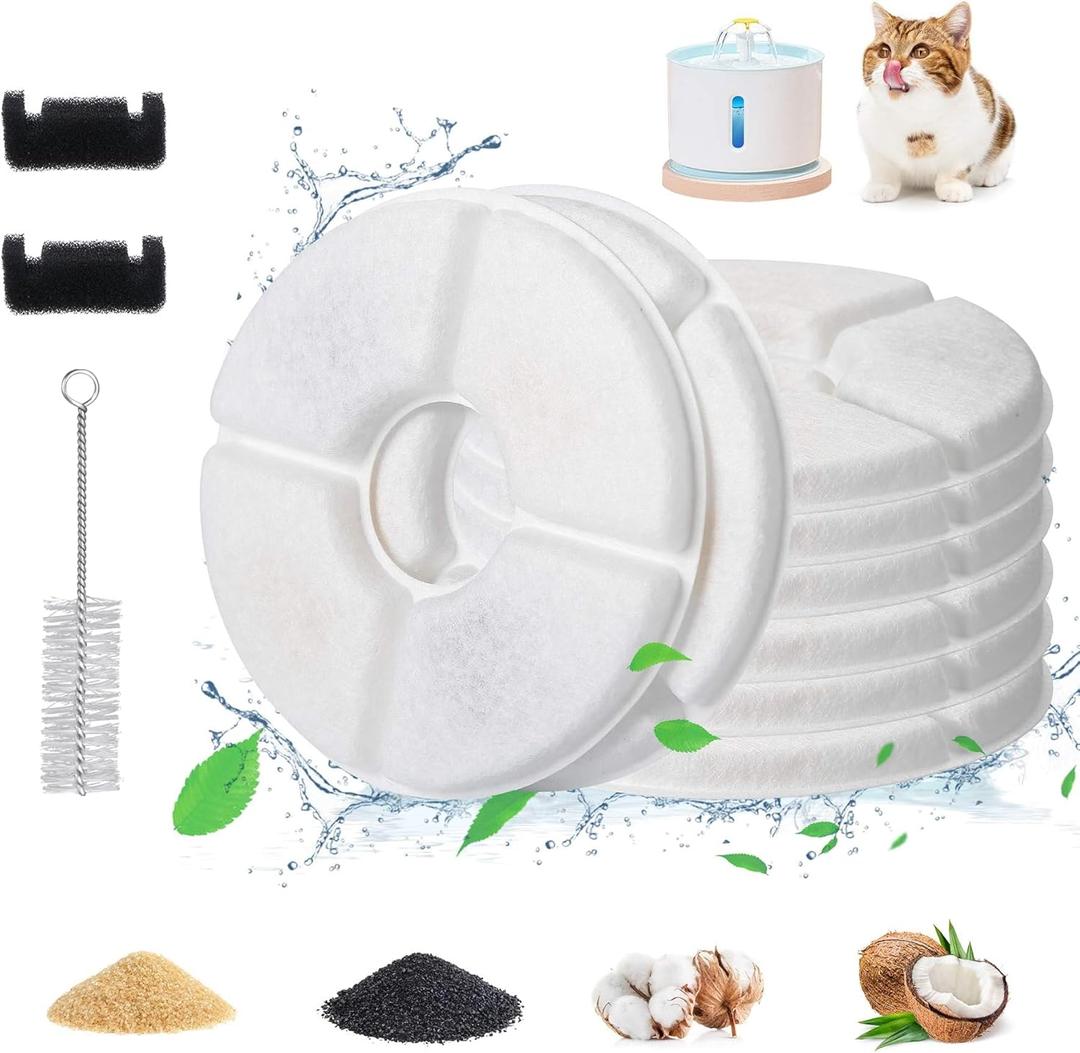 11 Pcs Cat Fountain Filter Replacement - Compatible with 2.5L Automatic Pet Water Fountain, 4-Layer Filtration System, Includes 8 Carbon Filters, 2 Sponges, and 1 Cleaning Brush