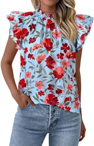 PRETTYGARDEN Women's Ruffle Short Sleeve Summer Tops 2026 Trendy Floral Trim Neck Casual Dressy Chiffon Boho Blouses Shirts L