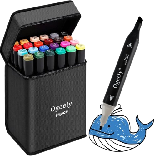 Ogeely 24 Pack Permanent Marker Pens Dual Tip Marker Pens for Kids and Adults Sketch Markers with Marker Case, Bullet Tip and Chisel Tip for Artists Illustration, Drawing