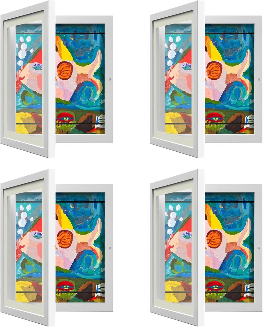 4 Pack Kids Art Frame, Kids Artwork Frames Changeable 8 x10.5 with Mat and 9 x12 Without Mat, White Front Opening Children Picture Storage Frame for Wall Holds 50Pcs Crafts, Drawing, Art Projects
