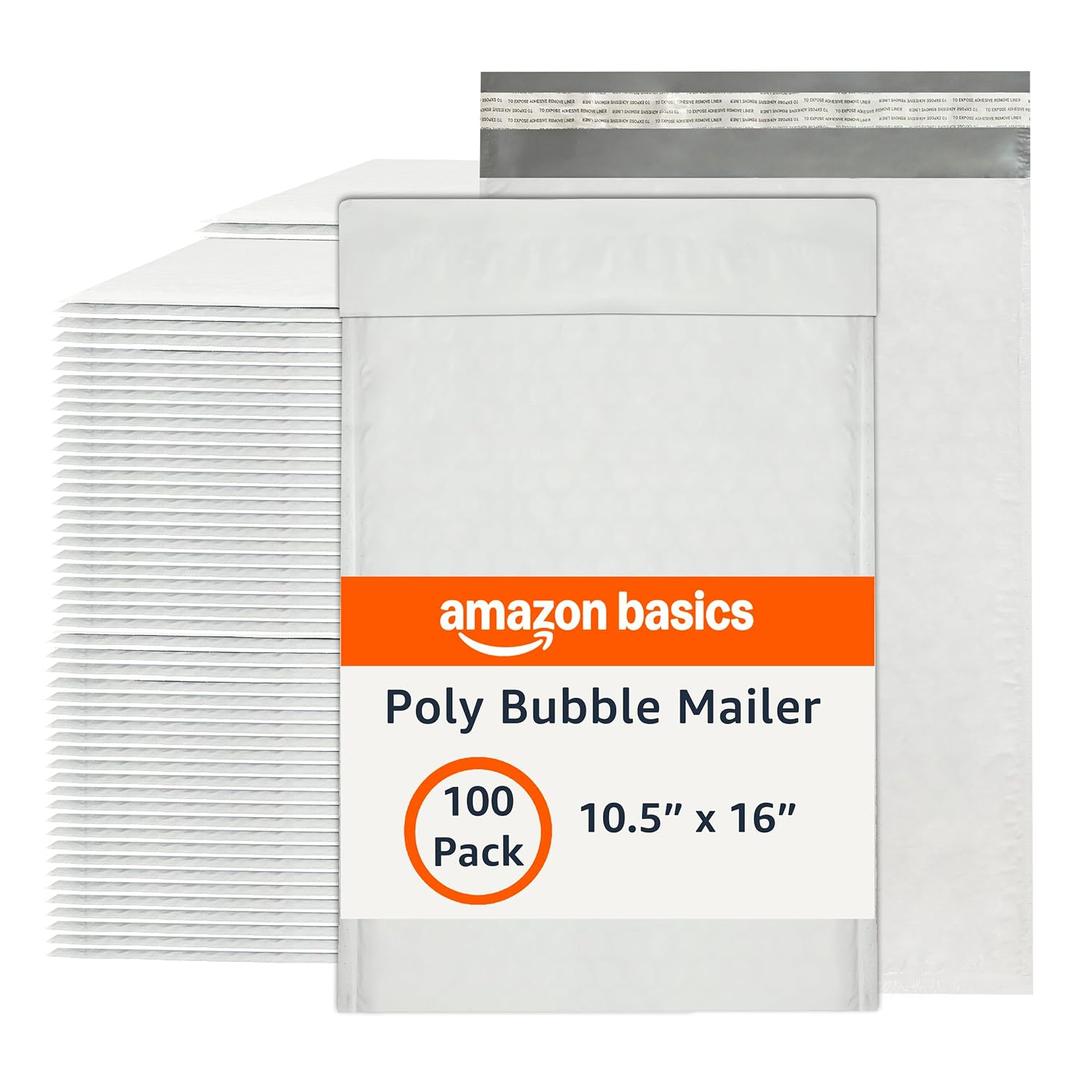 Amazon Basics Poly Bubble Self-Seal Mailers, Water-Resistant, Tear-Resistant, 10.5" x 16", White/Grey, 100-Pack