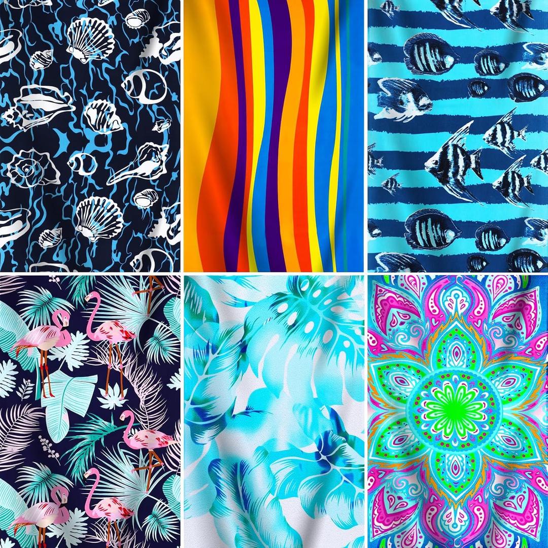 Genovega 6 Packs Oversized Terry Beach Towel Set 36 x 72 Soft Thin Extra Large Pool Camping Swim Bulk Towels Blanket Clearance Travel Adult Essentials Accessories Must Haves Vacation Striped Boho (Blue Boho Clown Fish Shell Firebird Stripe)