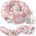Cat Tunnel for Indoor Cats, Cute Peekaboo Cat Cave with Dangling Balls, Pet Donut Tunnel Bed with Circle Mat for Puppy Kitten Rabbit, Pink (Round)